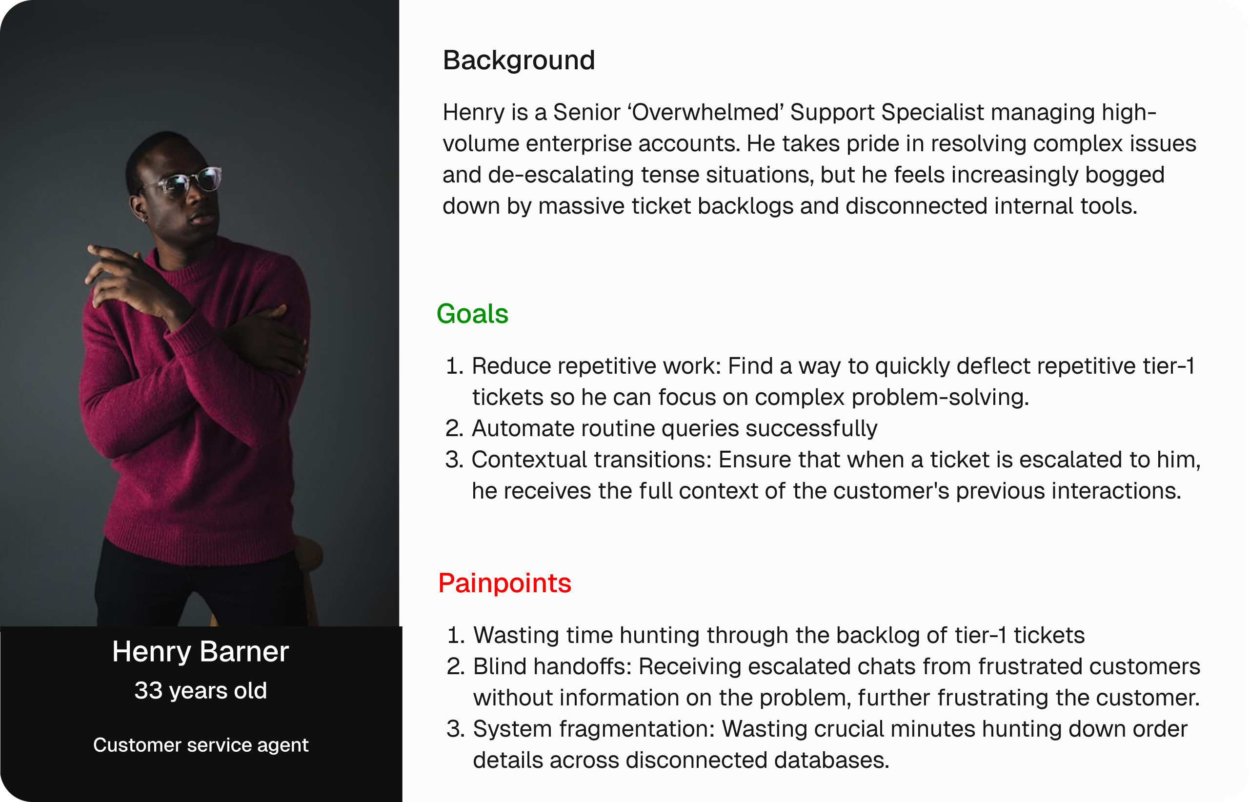 User Persona - Henry Barner, Customer Service Agent